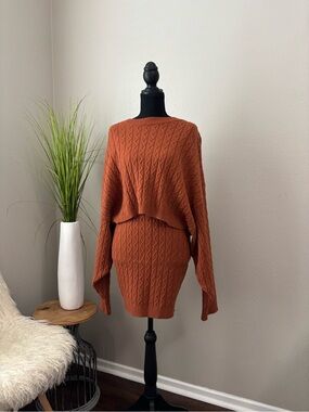 Rust Cable-Knit Women's Sweater Skirt Set